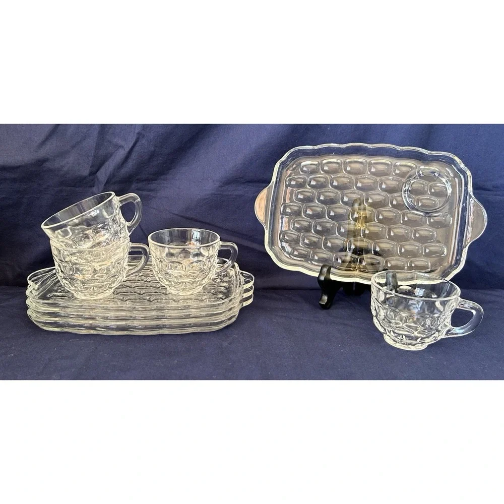 1950s Federal Glass Yorktown Thumbprint Set of 4,  8 total item Snack Plate Cup